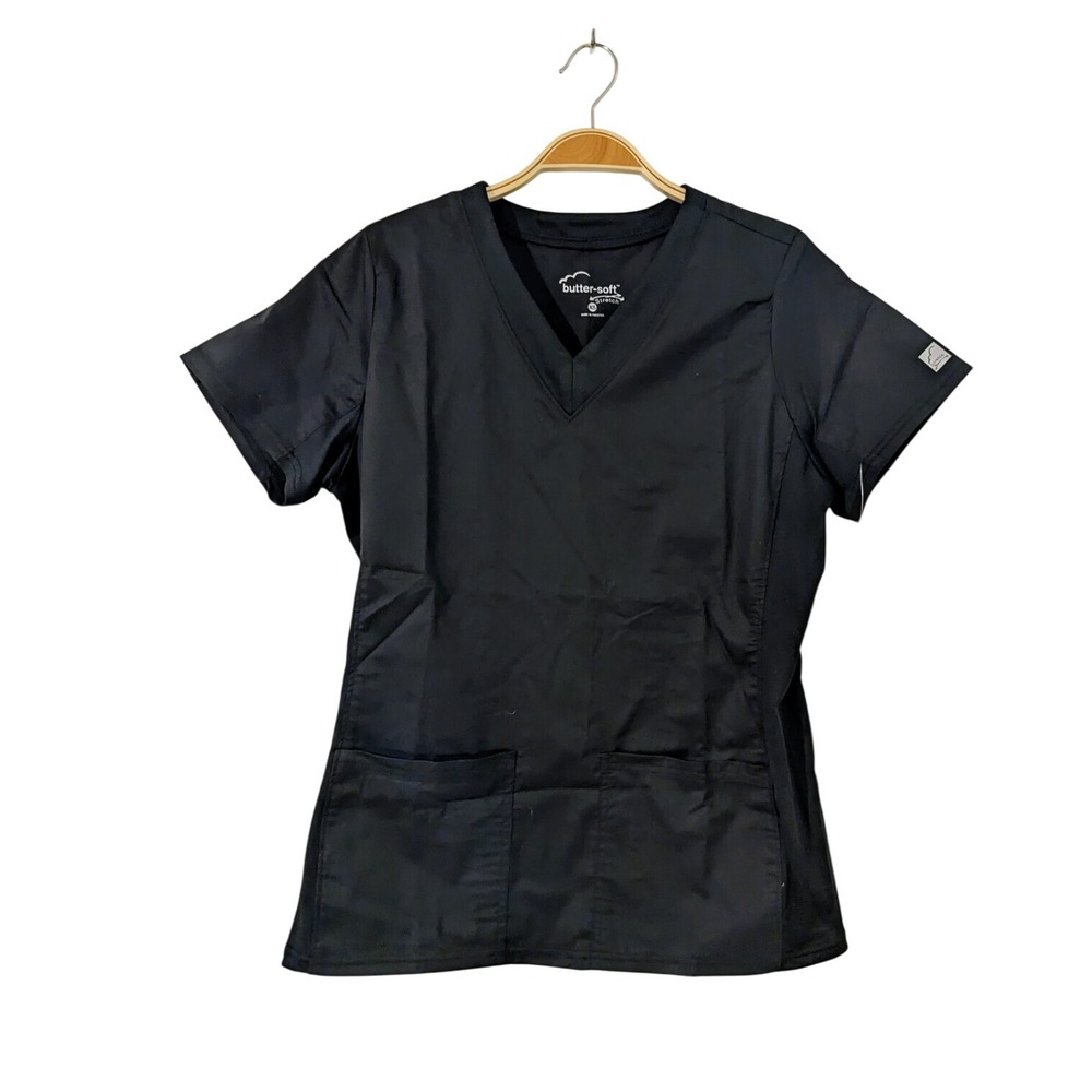 Butter Soft Stretch Scrub Top XS Black V Neck‎ Short Sleeve NWT